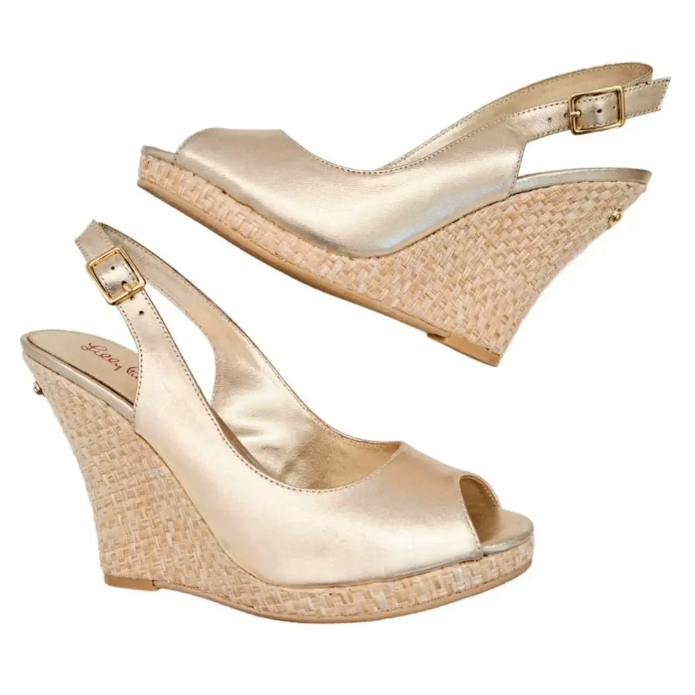 Lilly Pulitzer Kristin Gold Metallic Wedges Heels Size 8.5 Sling Back Peep Toe